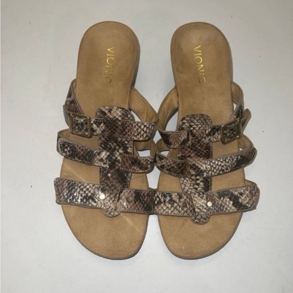 Vionic Radia Wedge Sandals Adjustable Triple Strap Snakeskin Slides - Picture 4 of 7